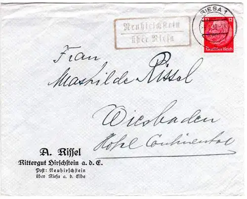 DR 1939, Landpost Stpl. NEUHIRSCHSTEIN über Riesa auf Rittergut Brief m. 12 Pf.