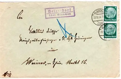 DR 1934, Landpost Stpl. HEIERSDORF über Glauchau auf Brief m. 2x6 Pf.
