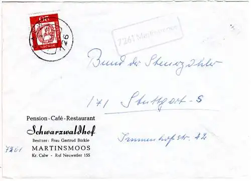 BRD 1963, Landpost Stpl. 7261 MARTINSMOOS auf Gastronomie Brief m. 20 Pf.
