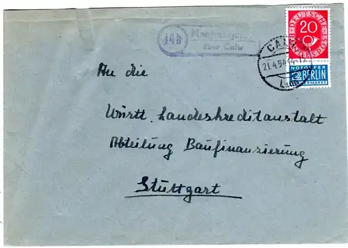 BRD 1954, Landpost Stpl. 14b NEUHENGSTETT über Calw auf Brief m. 20 Pf.