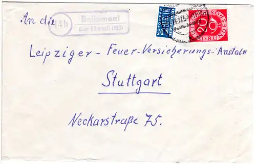 BRD 1954, Landpost Stpl. 14b BELLAMONT über Biberach auf Brief m. 20 Pf.