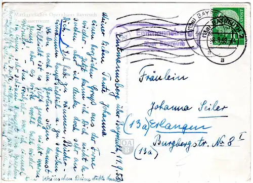 BRD 1958, Landpost Stpl. EMTMANNSBERGBERG über Bayreuth auf Karte m. 10 Pf.