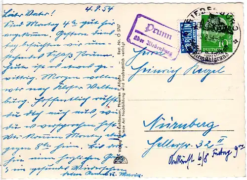 BRD 1954, Landpost Stpl. PRUNN über Riedenburg auf Karte m. 10 Pf.