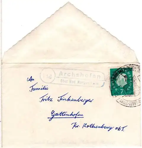 BRD 1961, Landpost Stpl. 14d ARCHSHOFEN über Bad Mergentheim auf Brief m. 7 Pf.