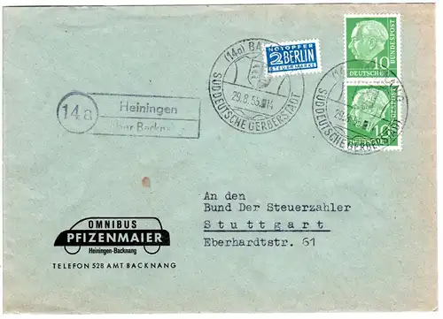 BRD 1955, Landpost Stpl. 14a HEININGEN über Backnang auf Firmenbrief m. 2x10 Pf.