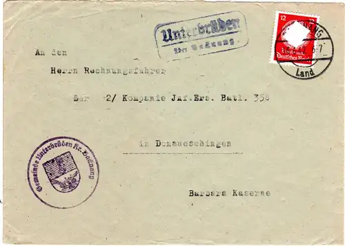 1942, Landpost Stpl. UNTERBRÜDEN über Backnang auf Brief m. 12 Pf. Dienst 