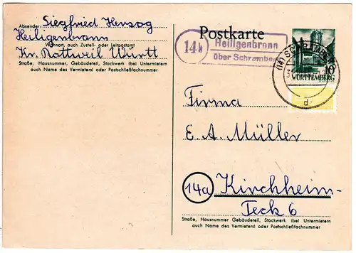 1949, Landpost Stpl. 14b HEILIGENBRONN über Schramberg auf 10 Pf. Ganzsache 