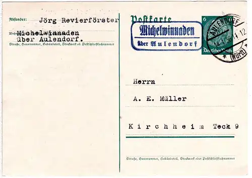 DR 1936, Landpost Stpl. MICHELWINNADEN über Aulendorf klar auf 6 Pf. Ganzsache.