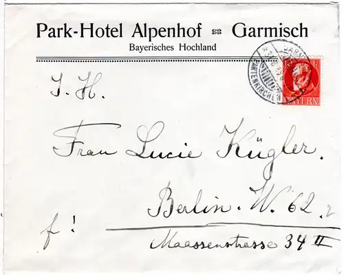 Bayern 1915, 10 Pf. auf Hotel Brief v. Garmisch-Partenkirchen