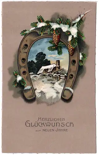 Herzlichen Glückwunsch zum Neuen Jahre m. Hufeisen, 1914 gebr. Farb-AK