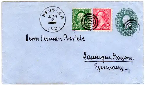 USA 1899, 1+2 C. Zusatzfr. auf 2 C. Ganzsache Brief v. HEUSLER, Ind. n. Bayern