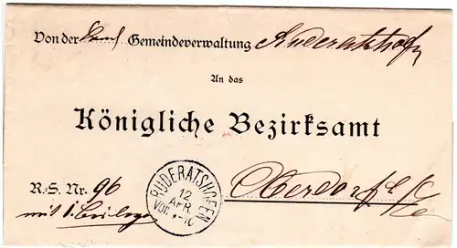 Bayern 1883, K1 RUDERATSHOFEN klar auf Gemeindebrief n. Oberdorf.