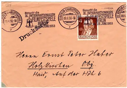 Berlin 1953, III. INT. FILMFESTSPIELE Werbestempel auf Brief m. 4 Pf.