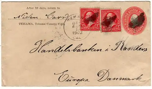 USA 1902, 2x2 C. Zusatzfr. auf 2 C. Ganzsache Brief v. TEHAMA, Cal. n. Dänemark