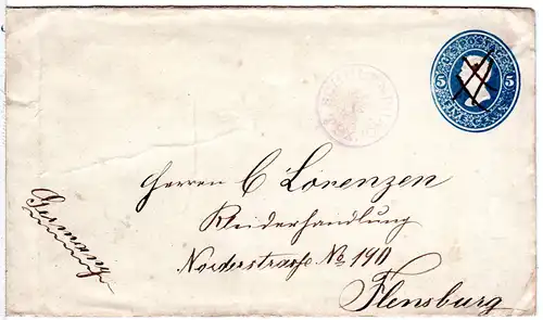 USA 1879, blauer K1 SCHULENBURG Texas auf 5. C. Ganzsache Brief n. Deutschland