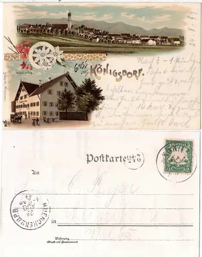 Gruss aus Königsdorf m. Gasthof zur Post, 1899 gebr. Litho-AK