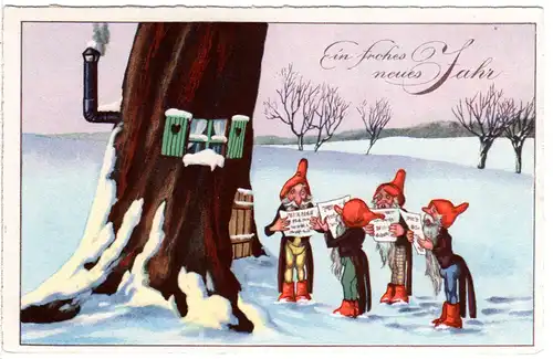 Ein Frohes Neues Jahr m. Zwergenchor in Winterlandschaft, ungebr. Farb-AK