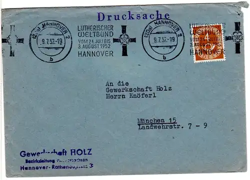 BRD 1952, LUTHERISCHER WELTBUND Hannover Maschinen-Werberstpl. auf Brief m. 4 Pf