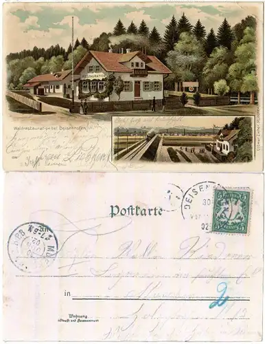 Waldrestauration bei Deisenhofen, 1902 gebr. Litho-AK m. Dampflok u. Bahnhof