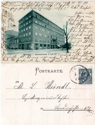 München, Sonnenstrasse 5+6 m. Volkstheater, 1899 gebr. sw-AK
