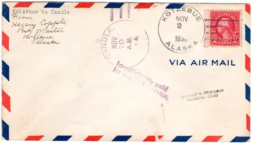 USA 1930,L2 INSUFFICIENTLY PAID FOR AIR MAIL SEVICE auf Kotzebue Alaska Brief