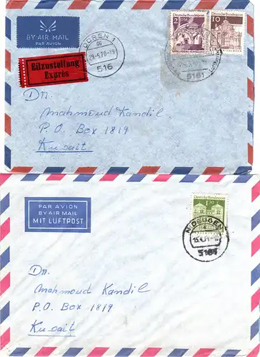 BRD 1970/71, 2 Luftpost Briefe v. Nideggen n. Kuwait, 1mal Express über Düren