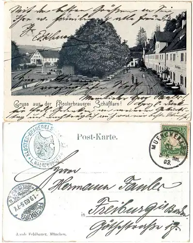 Gruss aus der Klosterbrauerei Schäftlarn, 1903 gebr. sw-AK m. Gasthaus