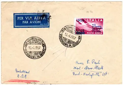 Italien 1957, EF 120/50 L Präsidentenbesuch auf Luftpost Brief v. Selva i.d. DDR