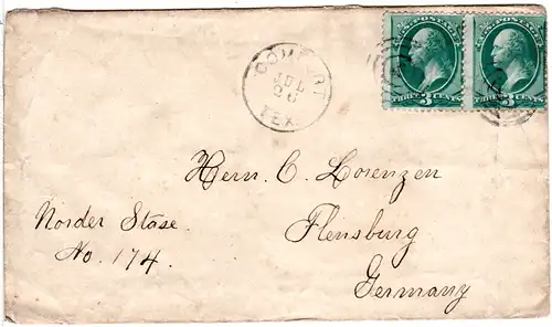 USA, Paar 3 C. auf Brief v. Comfort Texas n. Flensburg Deutschland.