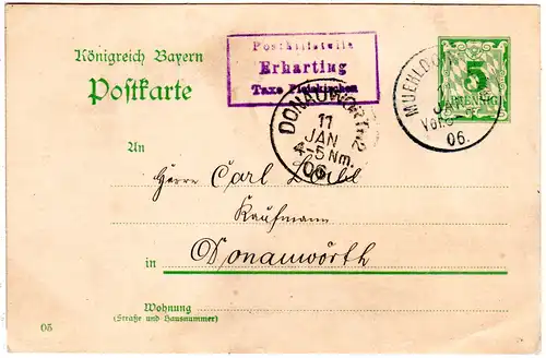Bayern 1906, Posthilfstelle ERHARTING Taxe Pleiskirchen auf 5 Pf. Ganzsache