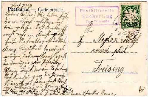 Bayern 1906, Posthilfstelle TACHERTING Taxe Wiesmühl auf Karte m. 5 Pf.