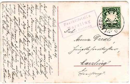 Bayern 1909, Posthilfstelle MARZLING Taxe Freising als Ank.Stpl. auf AK m. 5 Pf.