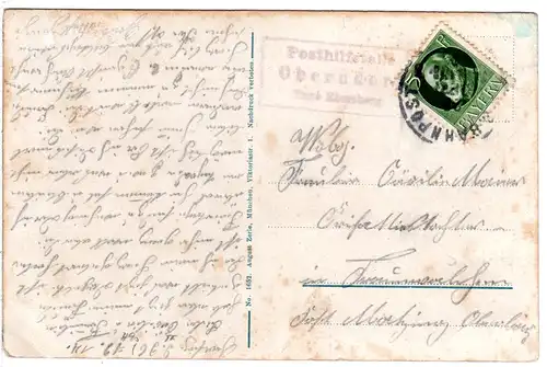 Bayern 1914, Posthilfstelle OBERNDORF Taxe Ebersberg auf Bahnpost Karte m. 5 Pf.
