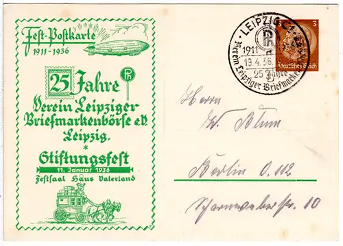 DR 1936, gebr. 3 Pf. Privat-Ganzsache Stiftungsfest Leipzig m. Abb. Zeppelin.