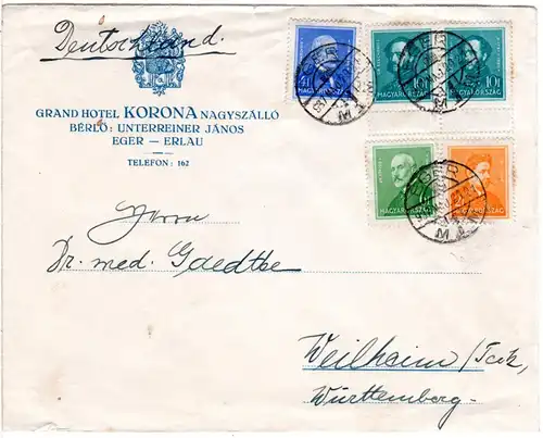 Ungarn 1937, 5 Marken auf Hotel Brief v. Eger - Erlau n. Württemberg