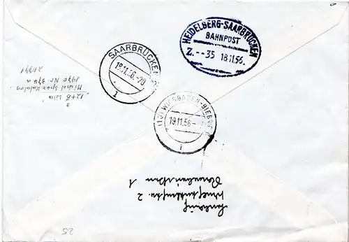 Saarland 1956, 7 Zuschlagmarken auf Eilboten Brief v. Saarbrücken n. Wiesbaden.