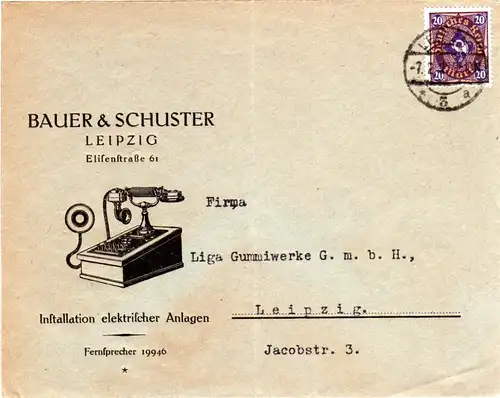 DR 1923, EF 20 Mk. auf Firmen Orts-Brief v. Leipzig m. Abb. Telefon.