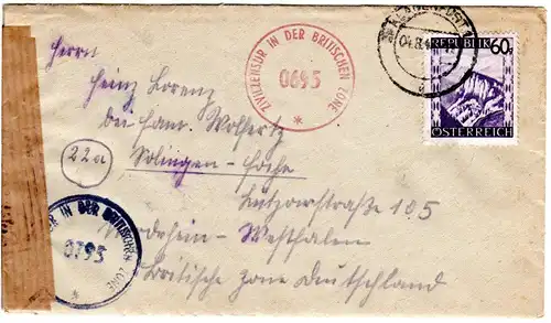 Österreich 1947, 60 G. auf Brief v. Klagenfurt m. versch. Zensur Stempeln