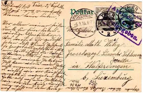 DR 1916, 2 1/2 Pf. auf 5 Pf. Germania Ganzsache v. Trier m. Zensur n. Luxemburg