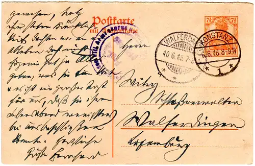 DR 1918, 7 1/2 Pf. Ganzsache Frageteil v. Konstanz m. Zensur n. Luxemburg