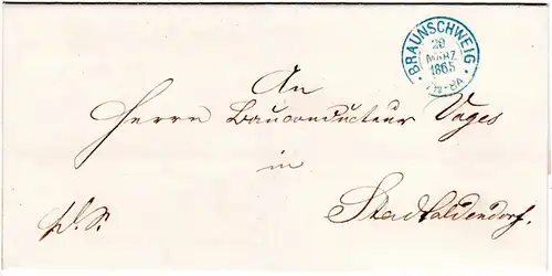 Braunschweig 1865, K2 BRAUNSCHWEIG klar auf schönem Brief n. Stadtoldendorf
