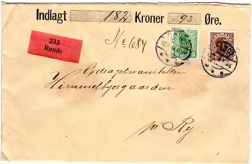 Dänemark 1918, 5+25 öre auf gesiegeltem Wertbrief v. Thorsager-Bregnet pr. Rönde