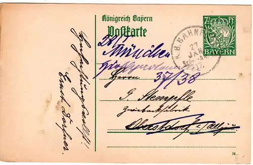 Bayern 1917, K1 K.B. Bahnpost Schn-Am C2 auf 7 1/2 Pf. Ganzsache v. Hirschau