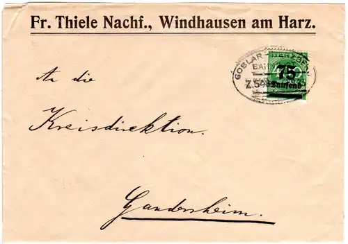 DR 1923, 75 T./400 Mk. auf Firmenbrief v. Windhausen m. Bahnpost Goslar-Herzberg