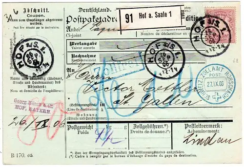 Bayern 1906, EF 80 Pf. auf Paketkarte v. Hof i.d. Schweiz
