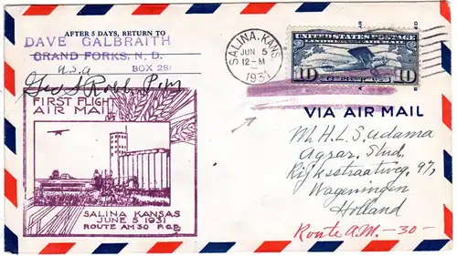 USA 1931, 10 C. auf Erstflug Brief v. Salina n. NL m. Flug Annullierungsstempel