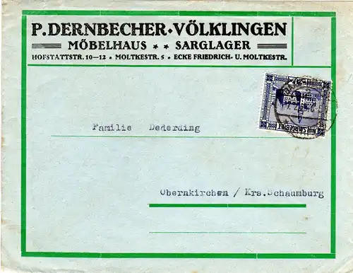 Saargebiet 1923, 20 C. auf Firmenbrief P. Dernbächer, Völklingen
