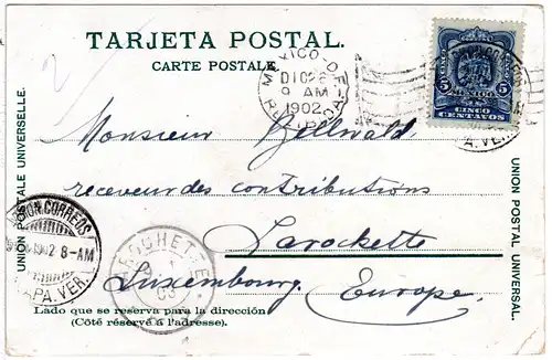 Mexiko 1902, 5 C. auf Farb-AK v. Xalapa nach Luxemburg. Destination!