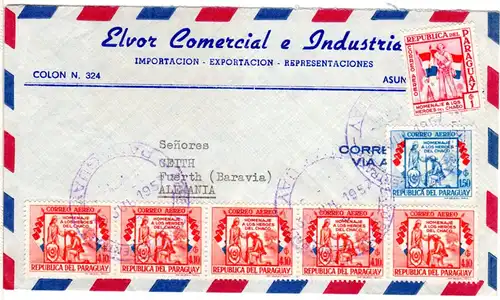 Paraguay 1957, 7 Werte Heroes Del Chaco auf Firmen Luftpost Brief n. Deutschland