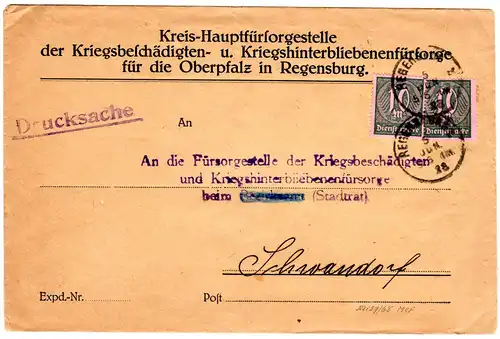 DR 1923, Kriegsbeschädigtenfürsorge Brief v. Regensburg m. 2x10 Mk. Dienst
